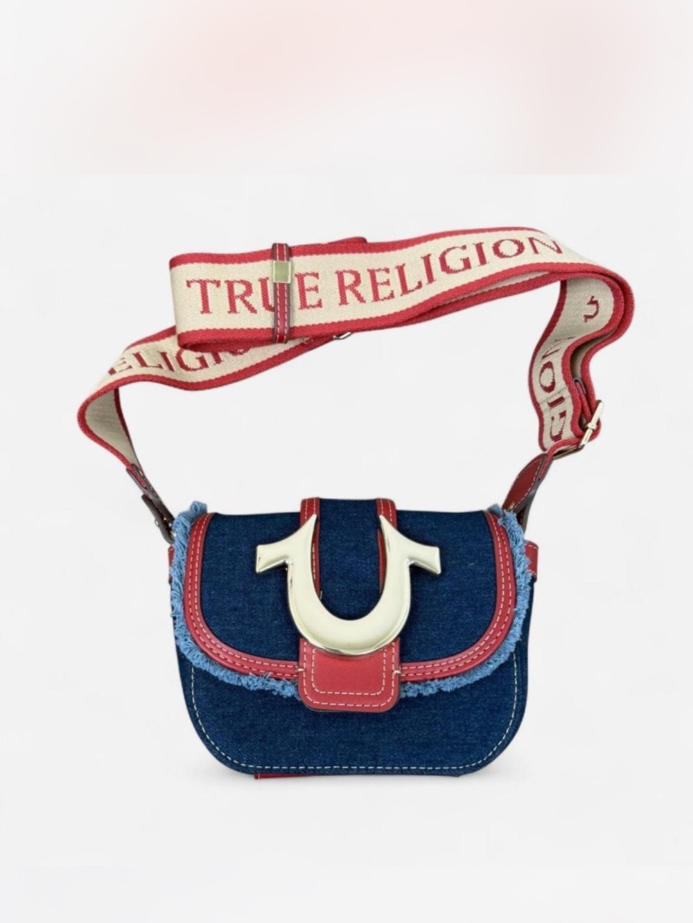 True Religion Blue Denim Crossbody with Red Trim and Branded Strap